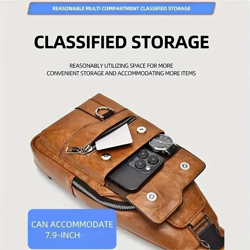 Premium PU Leather Vintage-Style Chest Bag - Spacious Multi-Compartment Crossbody Bag With Waterproof Design, Large Capacity, And Stylish Casual Look For Men - Evallys.com