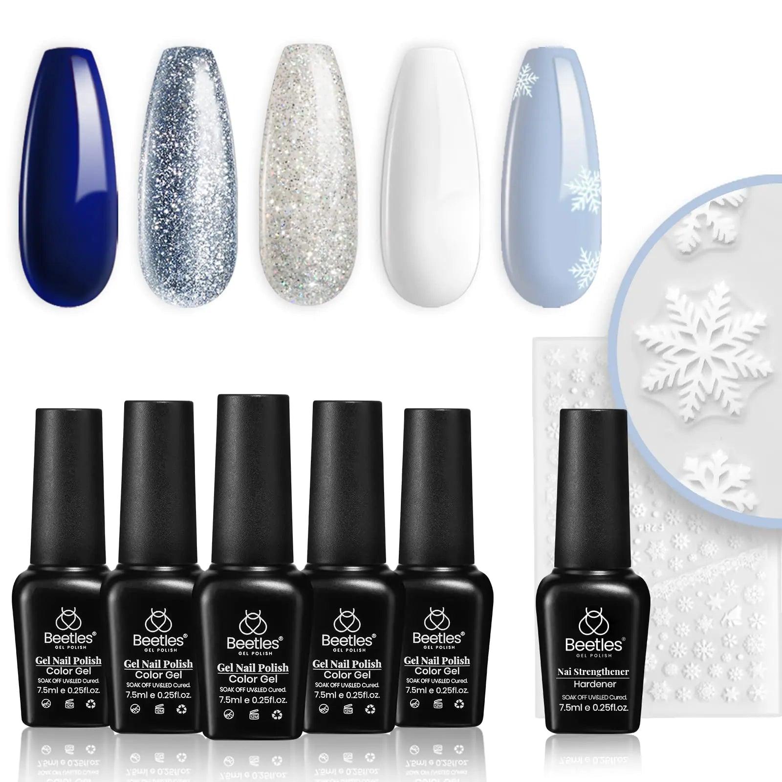 Beetles 6 Pcs Gel Nail Polish Set- 5 Colors Glitter White Blue Silver Gel Polish Kit with Strengthener Reinforcement Nail Sticker Snowflakes Soak off UV LED Lamp Winter Manicure Gifts for Girls 0-Sparkling Snow - Evallys.com