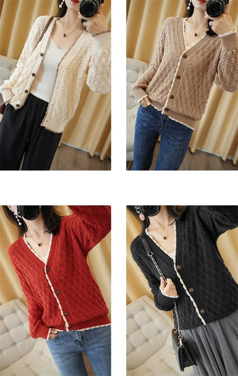 Women V-Neck Jacket 2025 Spring Autumn New Cotton Cardigan Knit Jacket Female Button Sweater Loose Shor Outer beige black A559 - Evallys.com