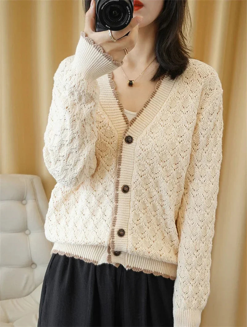 Women V-Neck Jacket 2025 Spring Autumn New Cotton Cardigan Knit Jacket Female Button Sweater Loose Shor Outer beige black A559 - Evallys.com