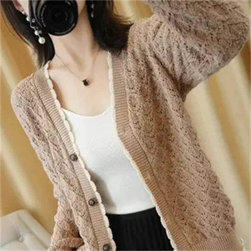 Women V-Neck Jacket 2025 Spring Autumn New Cotton Cardigan Knit Jacket Female Button Sweater Loose Shor Outer beige black A559 - Evallys.com