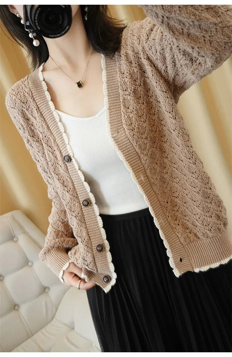 Women V-Neck Jacket 2025 Spring Autumn New Cotton Cardigan Knit Jacket Female Button Sweater Loose Shor Outer beige black A559 - Evallys.com