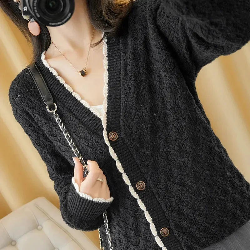 Women V-Neck Jacket 2025 Spring Autumn New Cotton Cardigan Knit Jacket Female Button Sweater Loose Shor Outer beige black A559 - Evallys.com