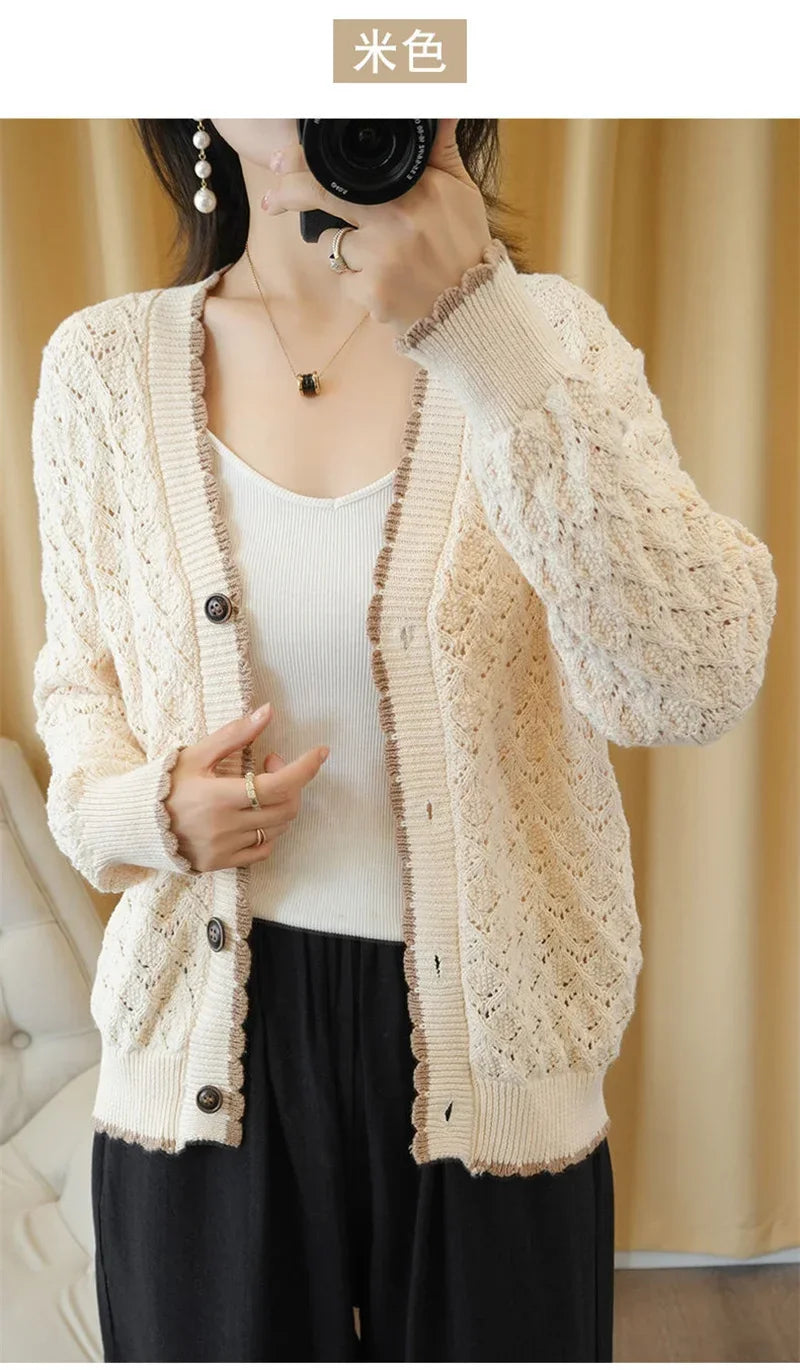 Women V-Neck Jacket 2025 Spring Autumn New Cotton Cardigan Knit Jacket Female Button Sweater Loose Shor Outer beige black A559 - Evallys.com