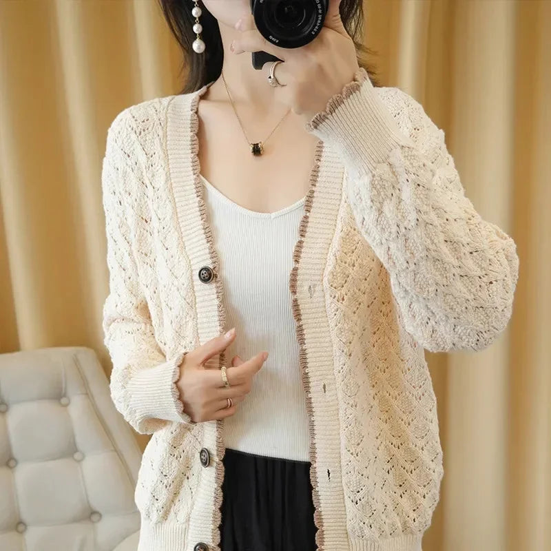 Women V-Neck Jacket 2025 Spring Autumn New Cotton Cardigan Knit Jacket Female Button Sweater Loose Shor Outer beige black A559 - Evallys.com
