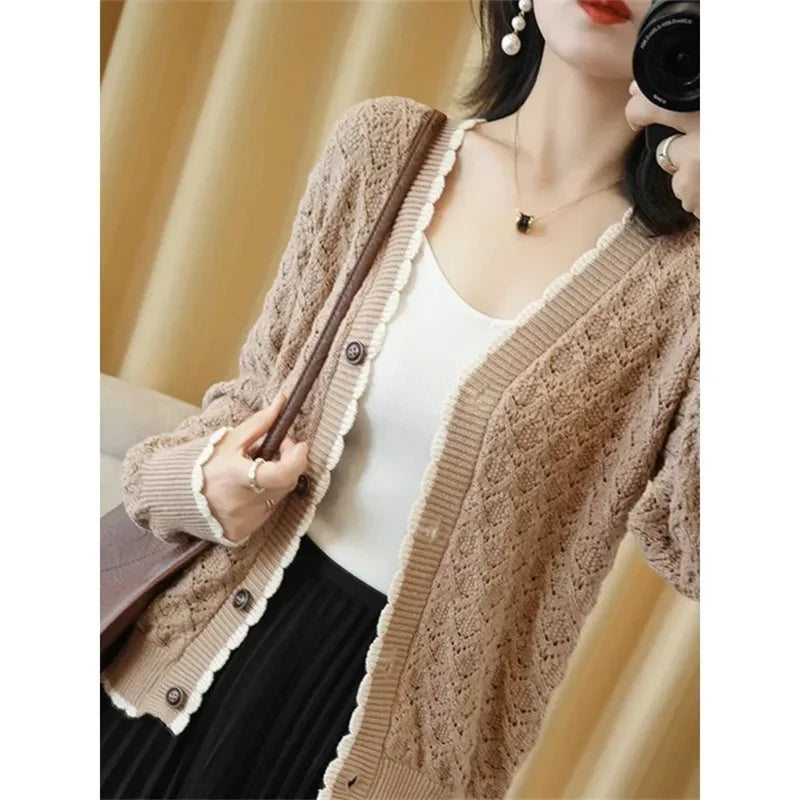Women V-Neck Jacket 2025 Spring Autumn New Cotton Cardigan Knit Jacket Female Button Sweater Loose Shor Outer beige black A559 - Evallys.com