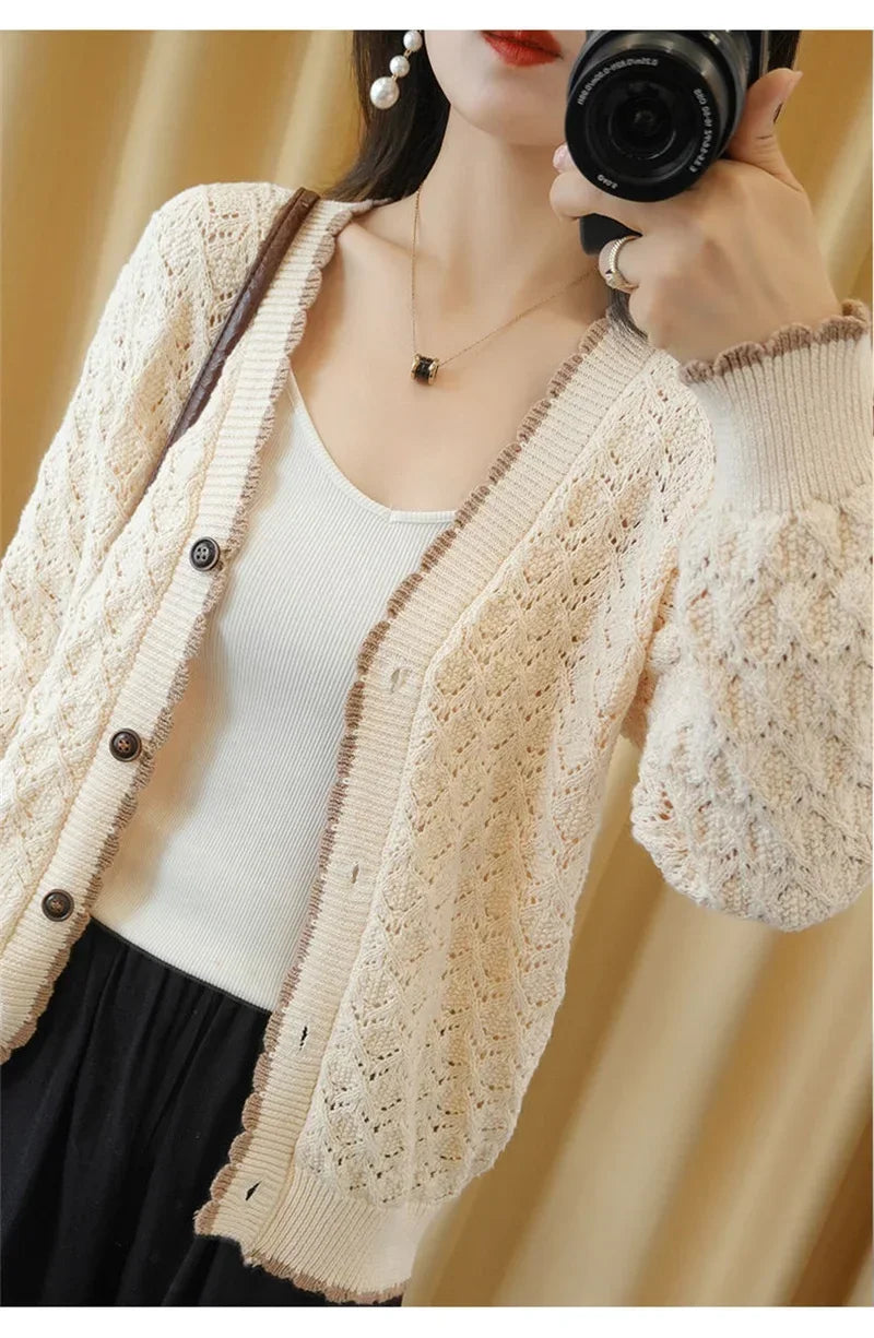 Women V-Neck Jacket 2025 Spring Autumn New Cotton Cardigan Knit Jacket Female Button Sweater Loose Shor Outer beige black A559 - Evallys.com