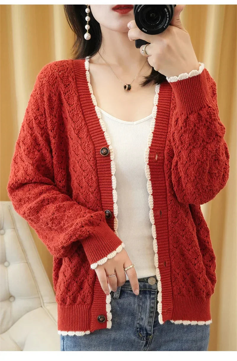 Women V-Neck Jacket 2025 Spring Autumn New Cotton Cardigan Knit Jacket Female Button Sweater Loose Shor Outer beige black A559 - Evallys.com