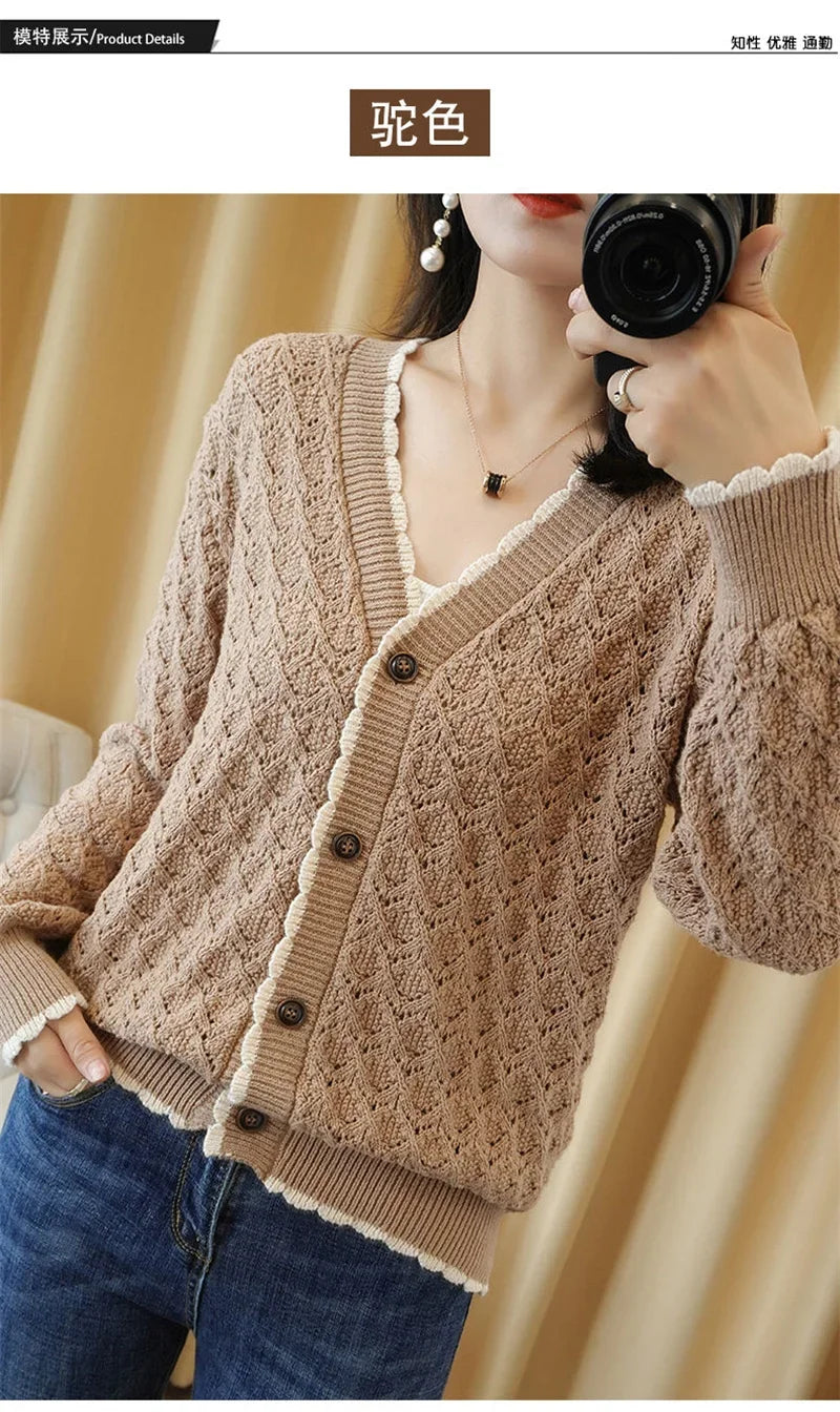 Women V-Neck Jacket 2025 Spring Autumn New Cotton Cardigan Knit Jacket Female Button Sweater Loose Shor Outer beige black A559 - Evallys.com