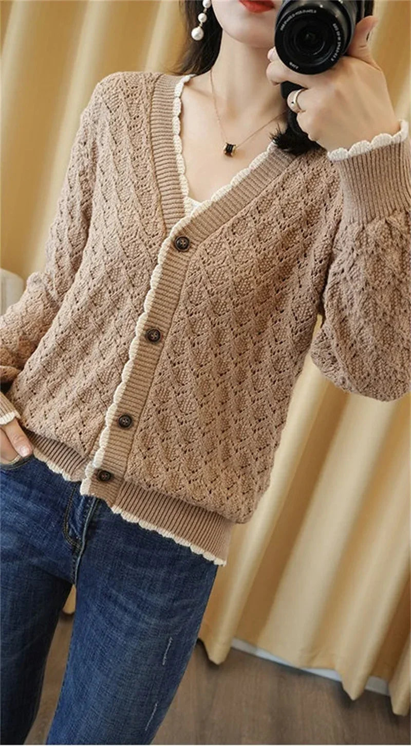 Women V-Neck Jacket 2025 Spring Autumn New Cotton Cardigan Knit Jacket Female Button Sweater Loose Shor Outer beige black A559 - Evallys.com