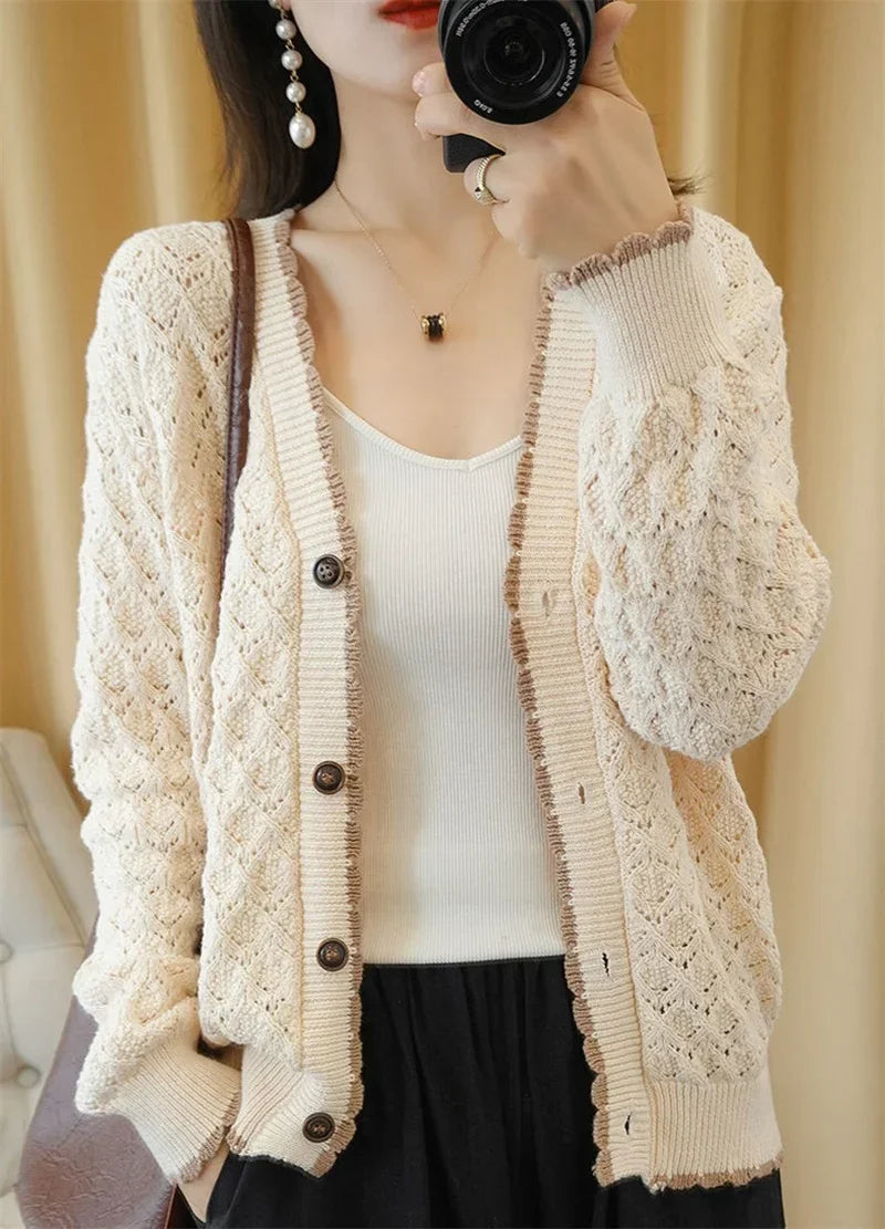 Women V-Neck Jacket 2025 Spring Autumn New Cotton Cardigan Knit Jacket Female Button Sweater Loose Shor Outer beige black A559 - Evallys.com