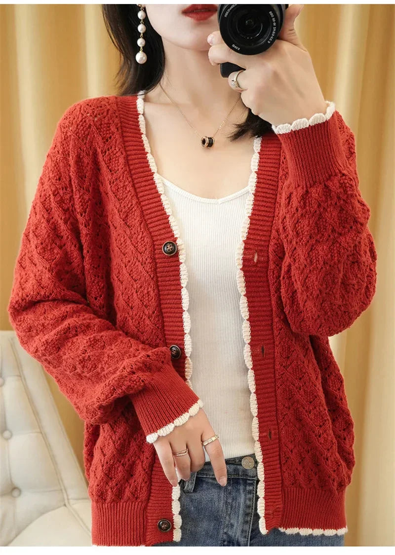 Women V-Neck Jacket 2025 Spring Autumn New Cotton Cardigan Knit Jacket Female Button Sweater Loose Shor Outer beige black A559 - Evallys.com