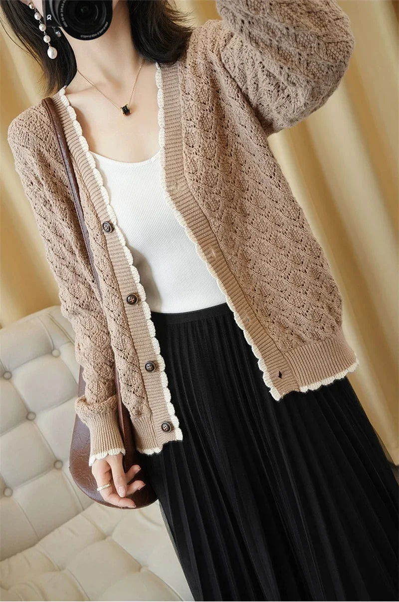 Women V-Neck Jacket 2025 Spring Autumn New Cotton Cardigan Knit Jacket Female Button Sweater Loose Shor Outer beige black A559 - Evallys.com