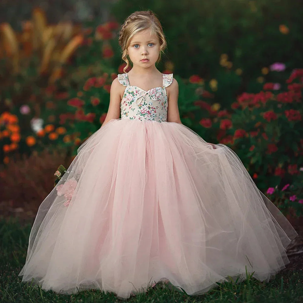 1-7 Year Kids Girls Princess Dress Evening Party Wedding Birthday Tulle Tutu Dresses Baby Girl Clothes Summer Long Maxi Dress - Evallys.com