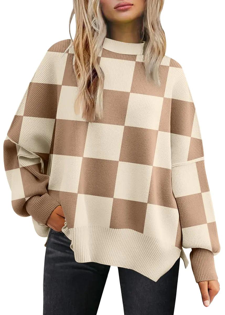 EFAN Women's Oversized Sweaters 2024 Fall Crewneck Batwing Sleeve Pullover Sweaters Small Khaki Plaid - Evallys.com