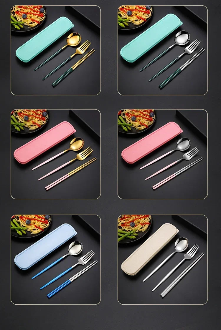 3 Pcs Dinnerware Set Stainless Steel Eco-friendly Spoon Fork  Chopsticks Travel Metal Cutlery Set Portable