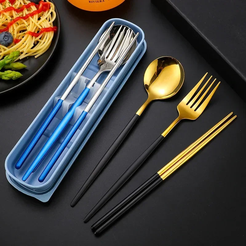 3 Pcs Dinnerware Set Stainless Steel Eco-friendly Spoon Fork  Chopsticks Travel Metal Cutlery Set Portable