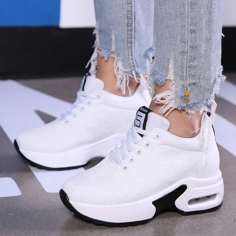 Women Sport Shoes Air Cushion Running Sneaker Comfortable Mesh Shoes Lace Up Breathable White Walking Shoes - Evallys.com