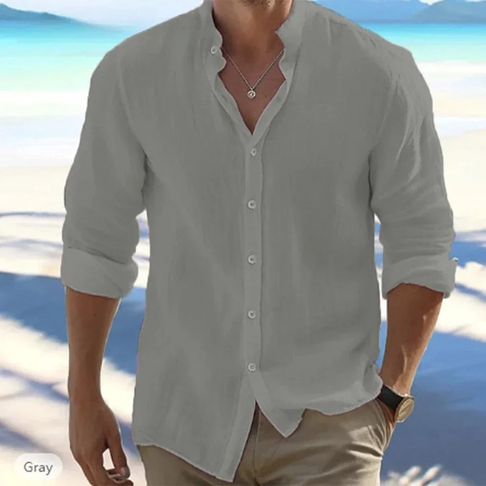 Men's Long-Sleeved Cotton Linen Summer Hot Sale Beach Style Shirts Solid Color Casual Versatile Stand-Up Collar Shirt Male Top - Evallys.com