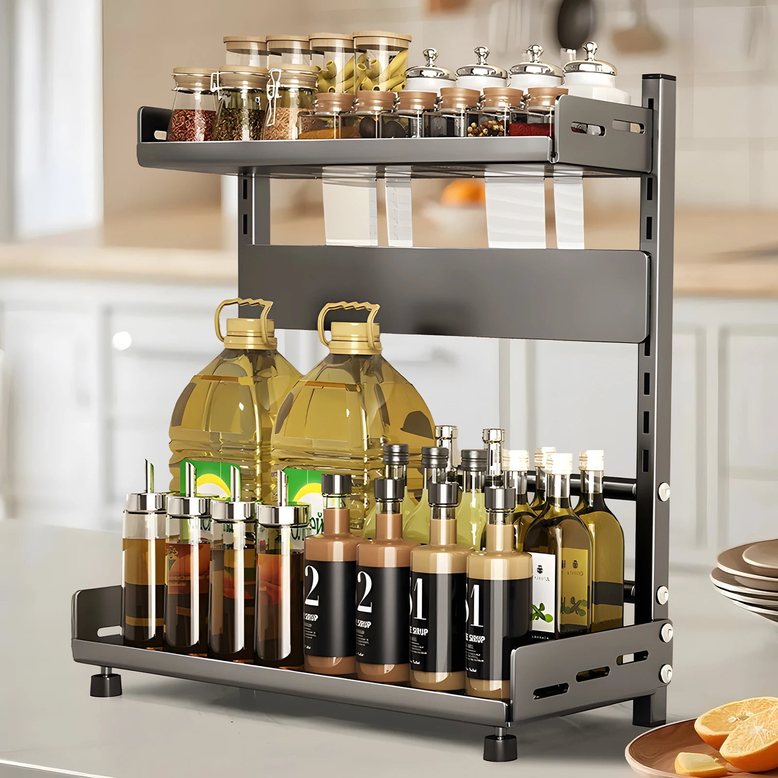 1pc Multi-Tier Spice Rack, Space-Saving Kitchen Countertop Organizer for Seasoning Jar Storage, Adjustable Shelves, Versatile Ki