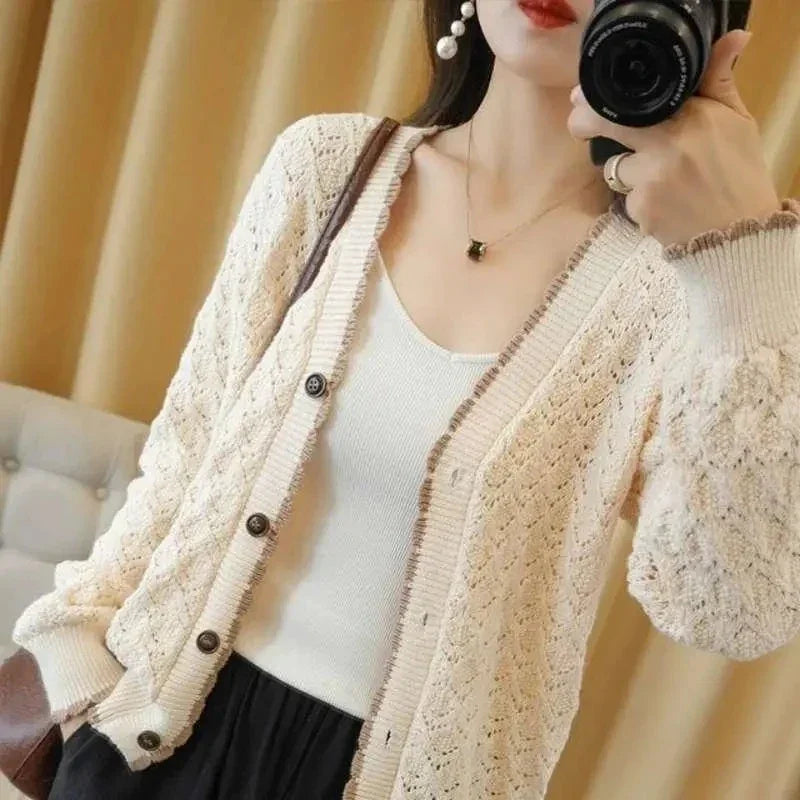 Women V-Neck Jacket 2025 Spring Autumn New Cotton Cardigan Knit Jacket Female Button Sweater Loose Shor Outer beige black A559 - Evallys.com