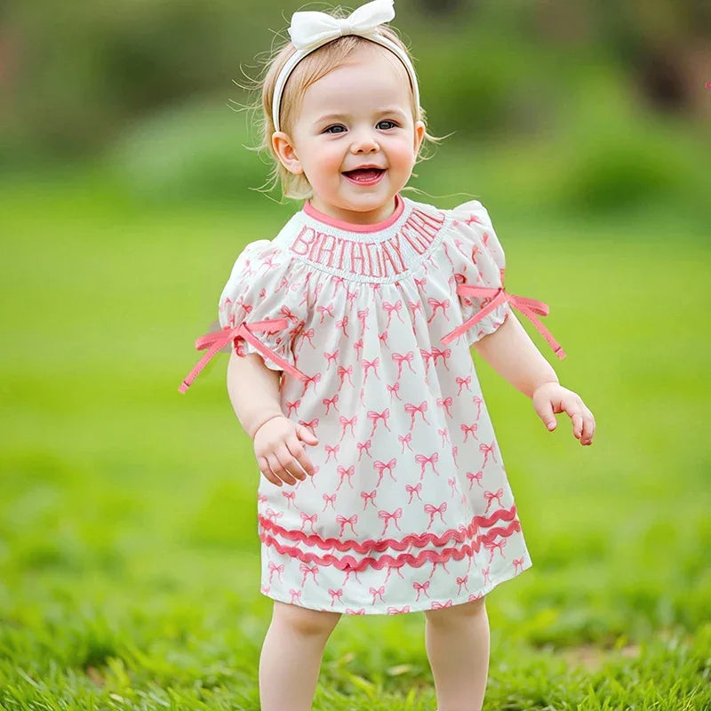 Toddler Girl Birthday Dress with Puff Sleeves and Embroidered Letters Smocked Summer Party Dress for Baby Girls - Evallys.com
