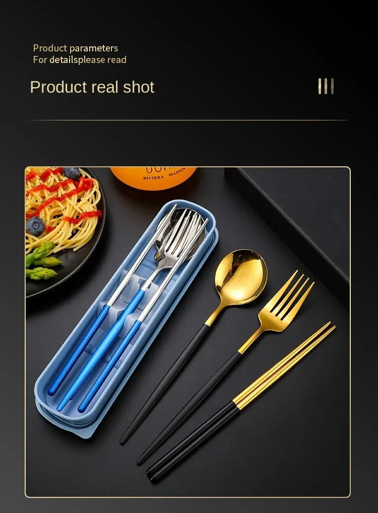 3 Pcs Dinnerware Set Stainless Steel Eco-friendly Spoon Fork  Chopsticks Travel Metal Cutlery Set Portable