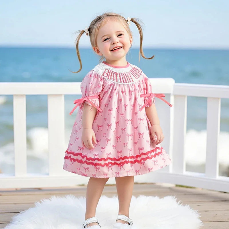 Toddler Girl Birthday Dress with Puff Sleeves and Embroidered Letters Smocked Summer Party Dress for Baby Girls - Evallys.com