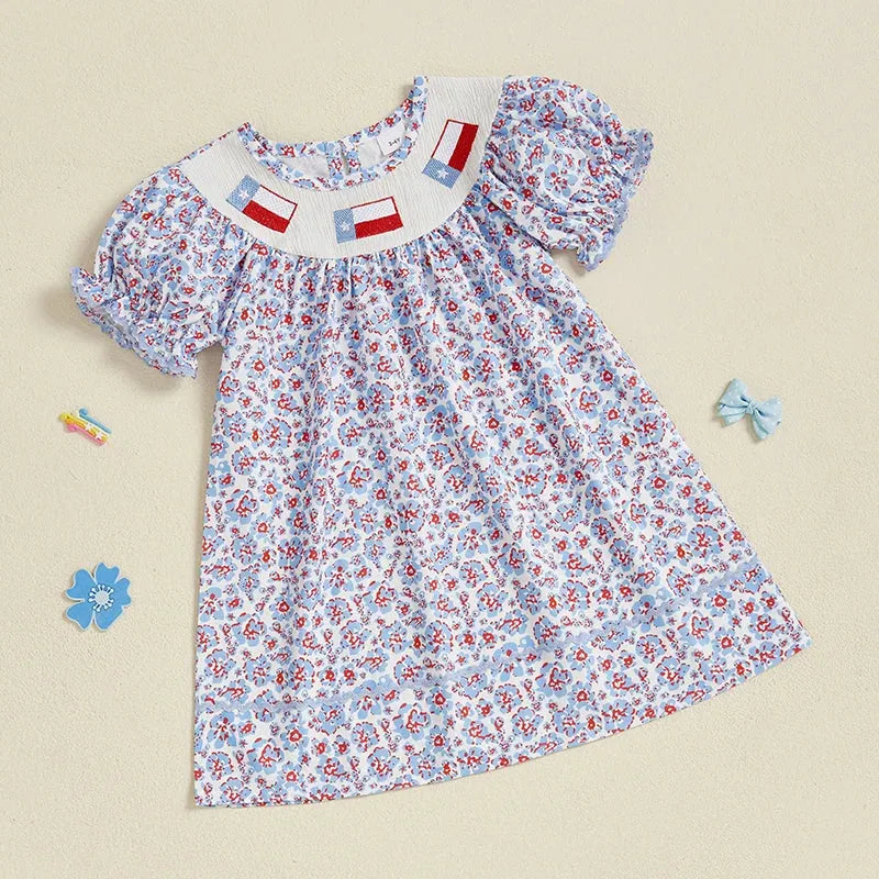 Girls Short Sleeve Crew Neck Floral Print Summer Dress Embroidered Casual Dress for Kids Cute Flower Patterned Clothing - Evallys.com
