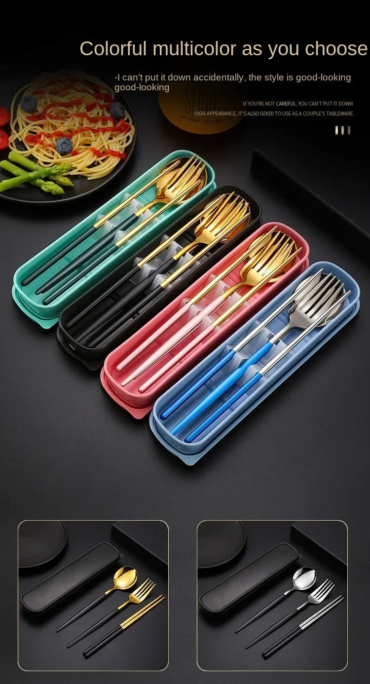 3 Pcs Dinnerware Set Stainless Steel Eco-friendly Spoon Fork  Chopsticks Travel Metal Cutlery Set Portable