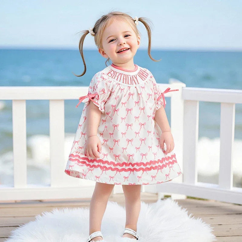 Toddler Girl Birthday Dress with Puff Sleeves and Embroidered Letters Smocked Summer Party Dress for Baby Girls - Evallys.com
