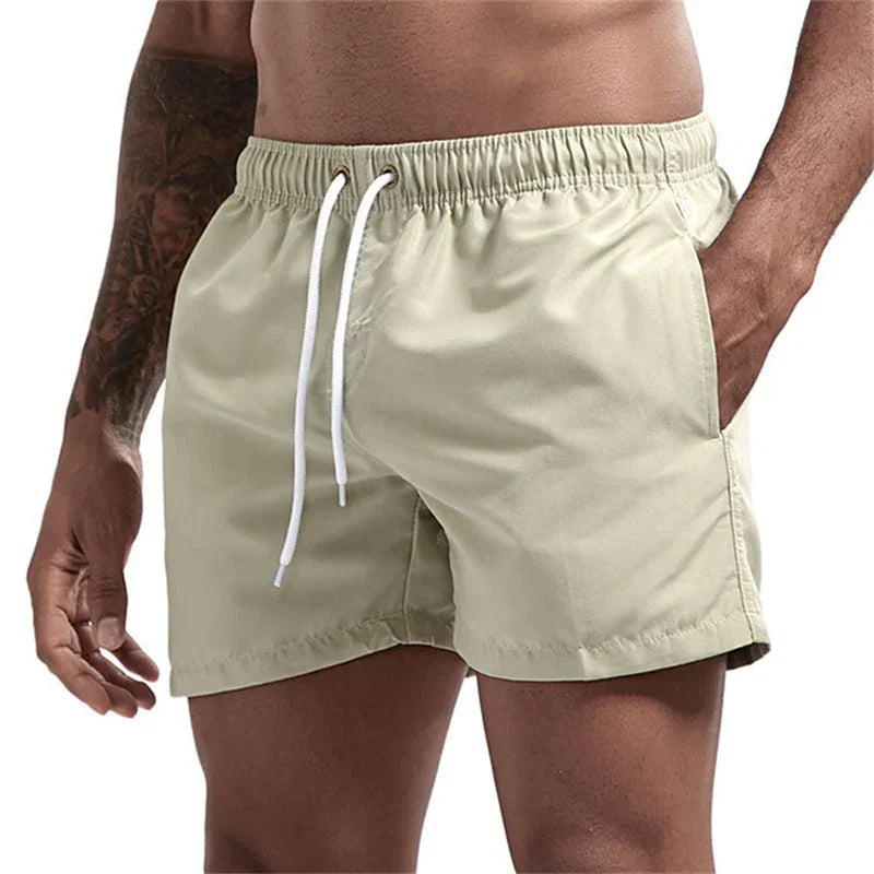 Mens Swim Trunks with Mesh Lining Side Pockets Solid Beach Shorts Quick Dry Lightweight Drawstring Board Shorts Summer Swimwear - Evallys.com