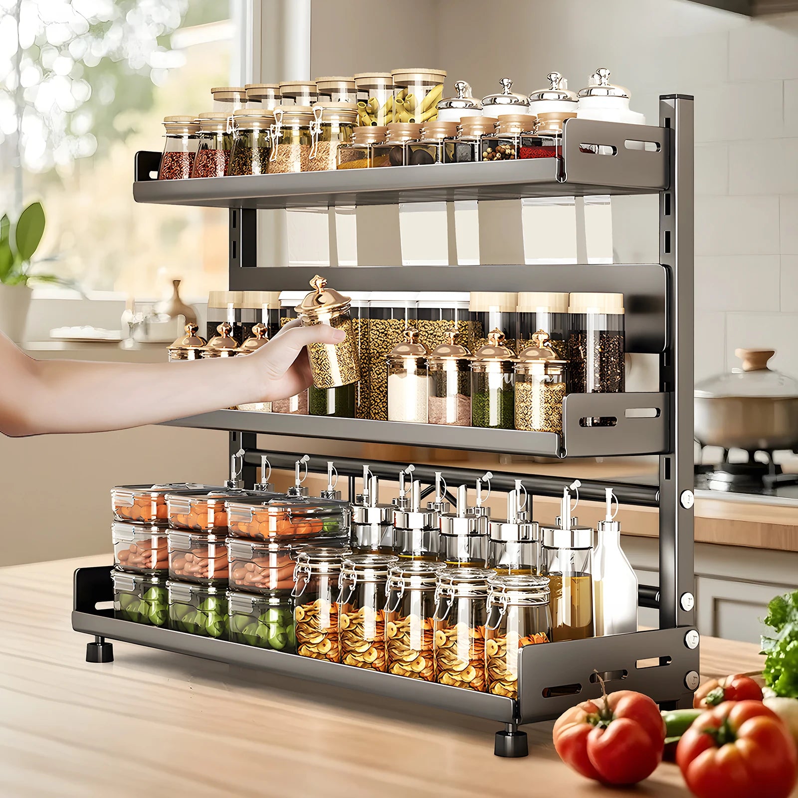 1pc Multi-Tier Spice Rack, Space-Saving Kitchen Countertop Organizer for Seasoning Jar Storage, Adjustable Shelves, Versatile Ki