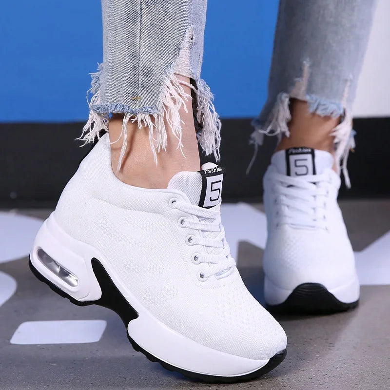 Women Sport Shoes Air Cushion Running Sneaker Comfortable Mesh Shoes Lace Up Breathable White Walking Shoes - Evallys.com