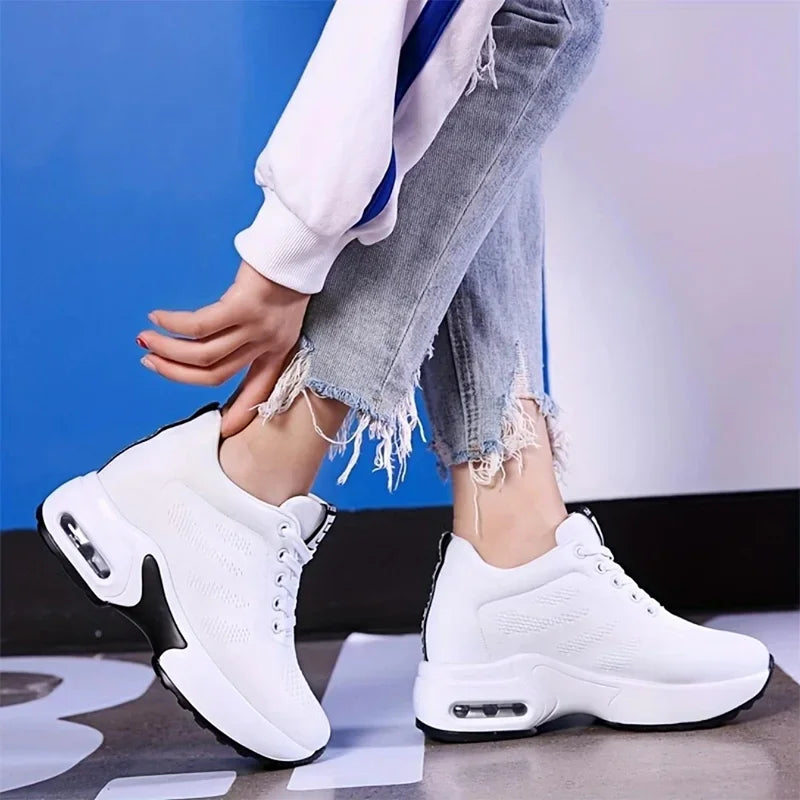 Women Sport Shoes Air Cushion Running Sneaker Comfortable Mesh Shoes Lace Up Breathable White Walking Shoes - Evallys.com