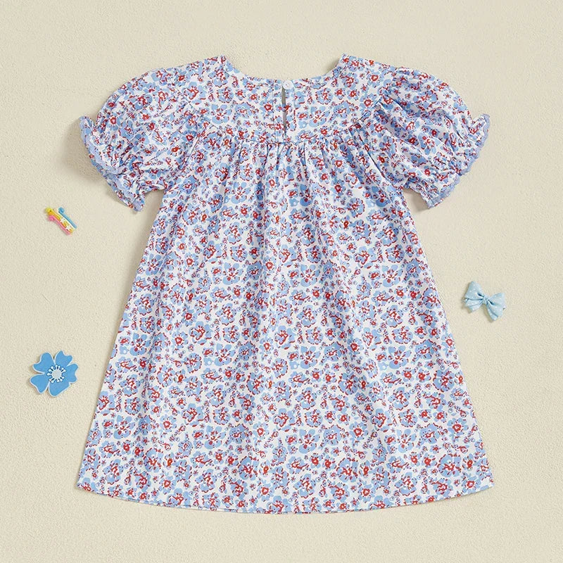 Girls Short Sleeve Crew Neck Floral Print Summer Dress Embroidered Casual Dress for Kids Cute Flower Patterned Clothing - Evallys.com