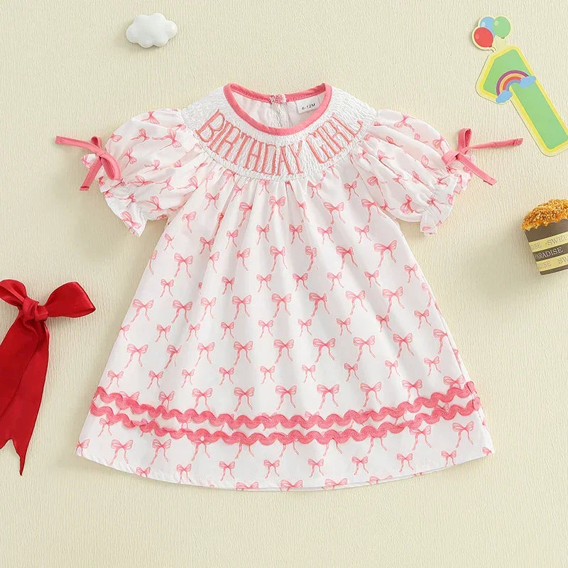 Toddler Girl Birthday Dress with Puff Sleeves and Embroidered Letters Smocked Summer Party Dress for Baby Girls - Evallys.com