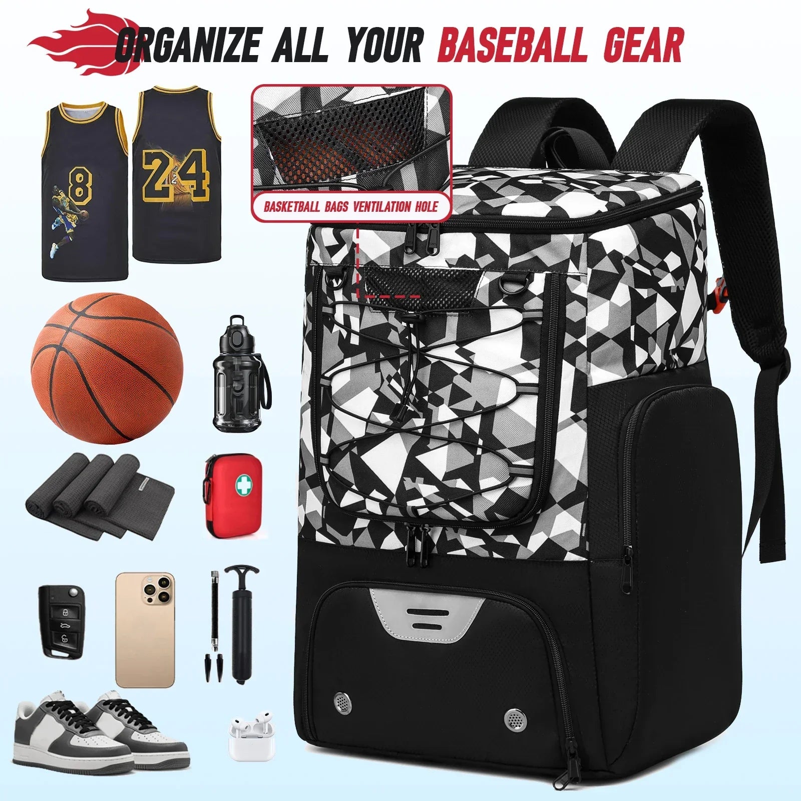 Basketball Backpack – Gym Bag with Ball Holder & Shoe Compartment 35L - Evallys.com