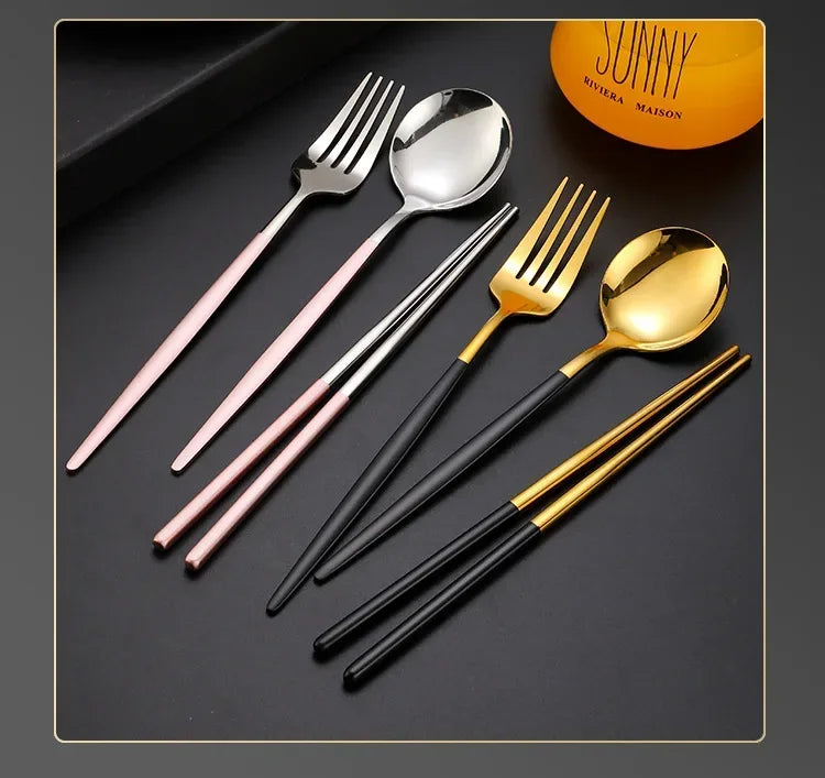 3 Pcs Dinnerware Set Stainless Steel Eco-friendly Spoon Fork  Chopsticks Travel Metal Cutlery Set Portable