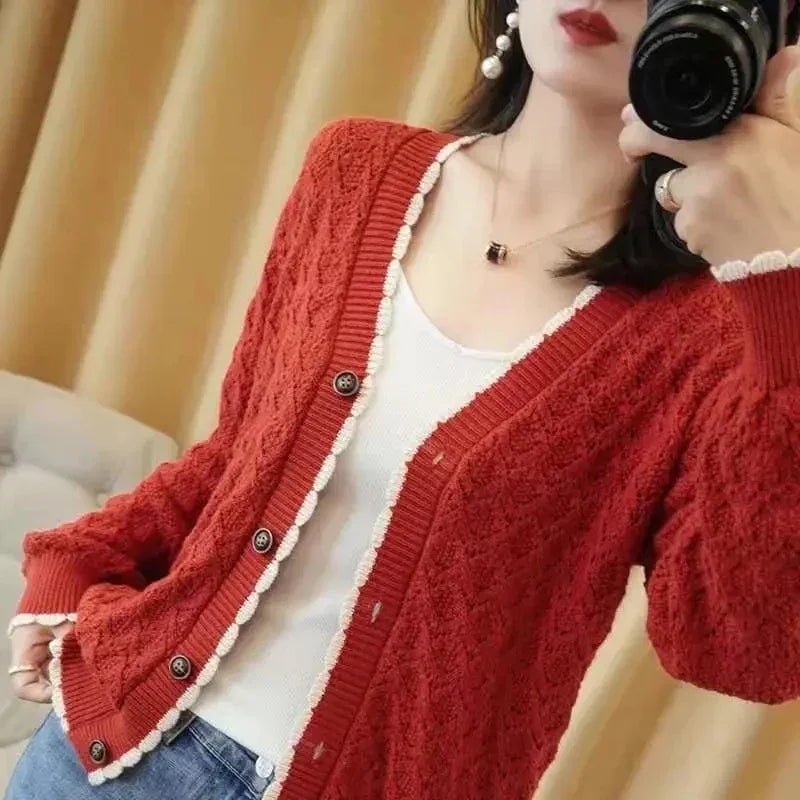 Women V-Neck Jacket 2025 Spring Autumn New Cotton Cardigan Knit Jacket Female Button Sweater Loose Shor Outer beige black A559 - Evallys.com