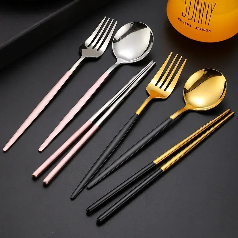 3 Pcs Dinnerware Set Stainless Steel Eco-friendly Spoon Fork  Chopsticks Travel Metal Cutlery Set Portable