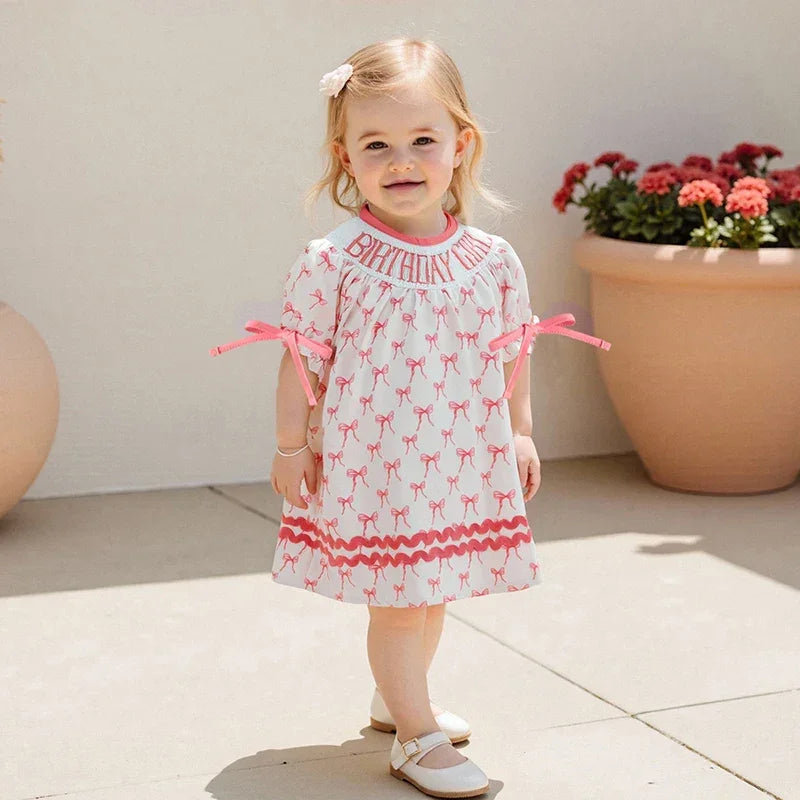 Toddler Girl Birthday Dress with Puff Sleeves and Embroidered Letters Smocked Summer Party Dress for Baby Girls - Evallys.com