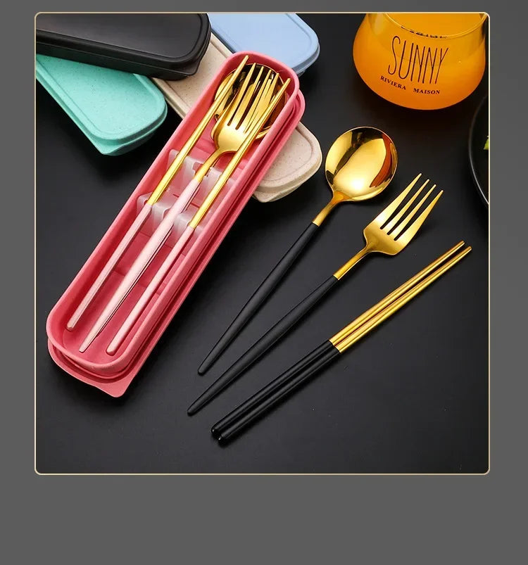 3 Pcs Dinnerware Set Stainless Steel Eco-friendly Spoon Fork  Chopsticks Travel Metal Cutlery Set Portable