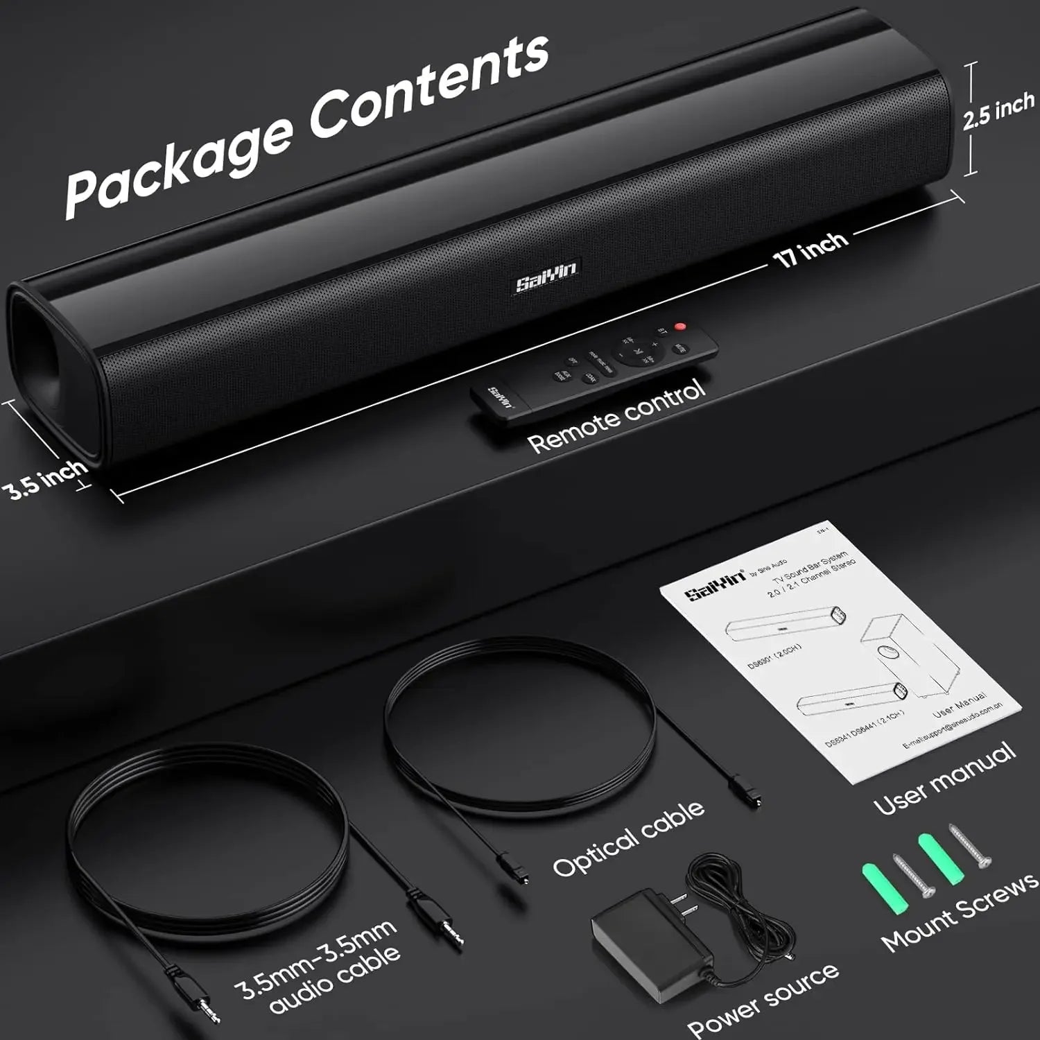 Saiyin Sound Bars for Tv, 40 Watt Small Tv Sound Bars, Surround Sound System Tv Sound Bors, with Bluetooth/Fiber Optic/Aux Connection, Suitable for Pc/Game/ Projector, 17inch - Evallys.com