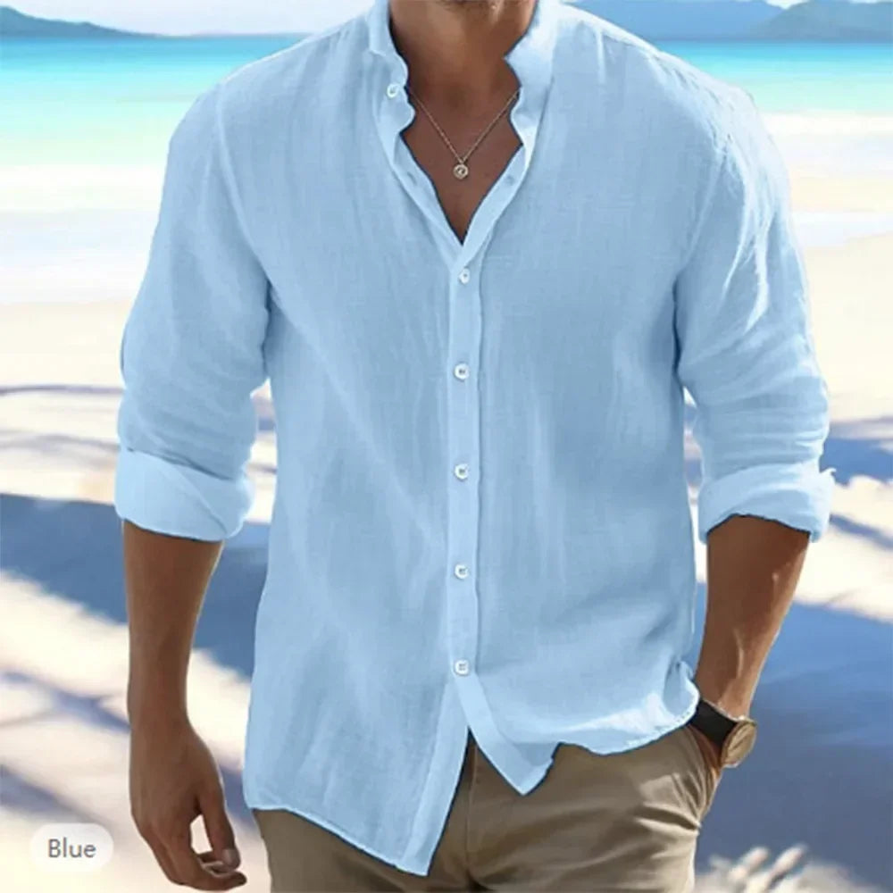 Men's Long-Sleeved Cotton Linen Summer Hot Sale Beach Style Shirts Solid Color Casual Versatile Stand-Up Collar Shirt Male Top - Evallys.com