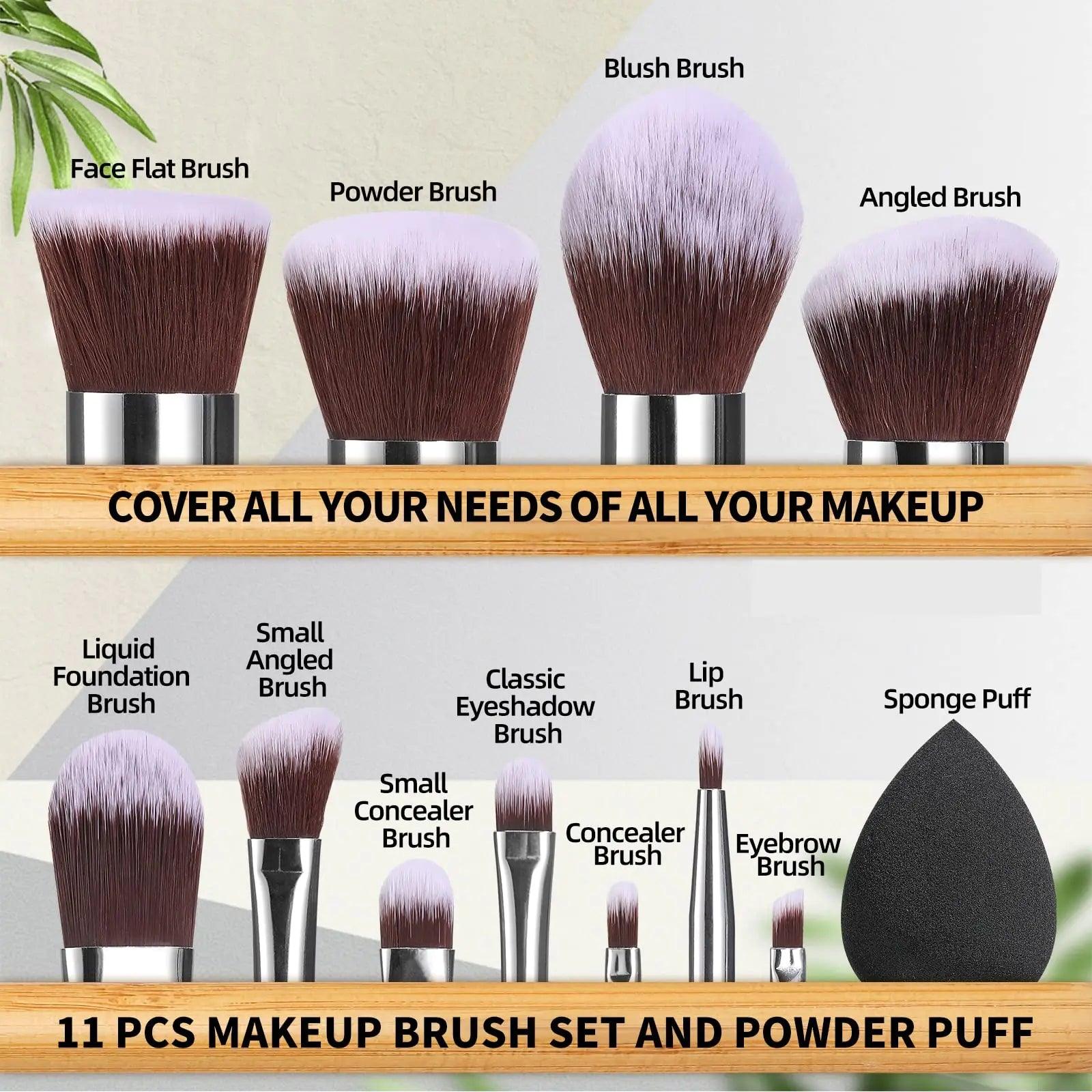 BS-MALL Makeup Brush Set 11Pcs Bamboo Synthetic Kabuki Brush Set Foundation Powder Blending Concealer Eye shadows Blush Cosmetics Brushes with Organizer Bag & Makeup Sponge Bamboocolor - Evallys.com