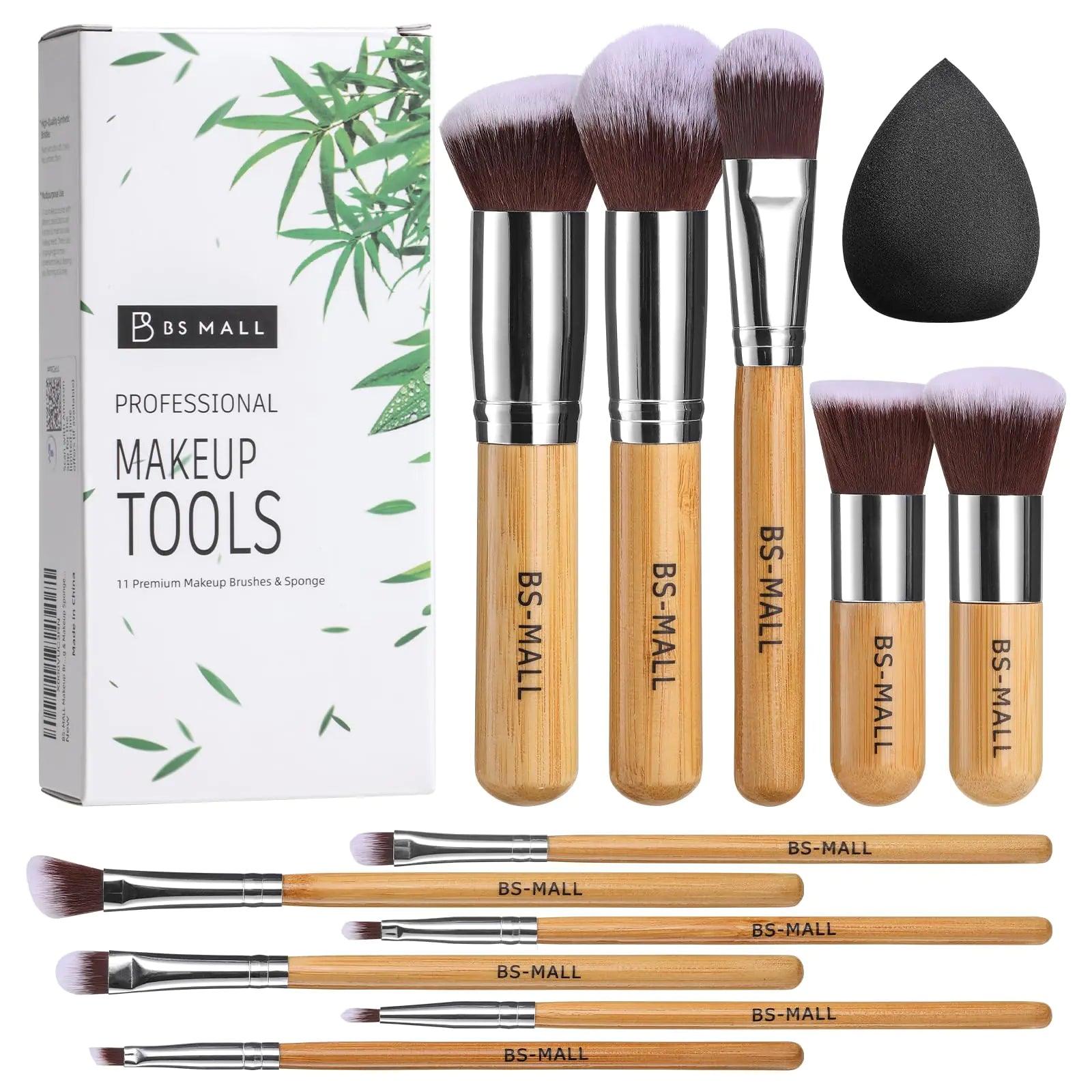 BS-MALL Makeup Brush Set 11Pcs Bamboo Synthetic Kabuki Brush Set Foundation Powder Blending Concealer Eye shadows Blush Cosmetics Brushes with Organizer Bag & Makeup Sponge Bamboocolor - Evallys.com