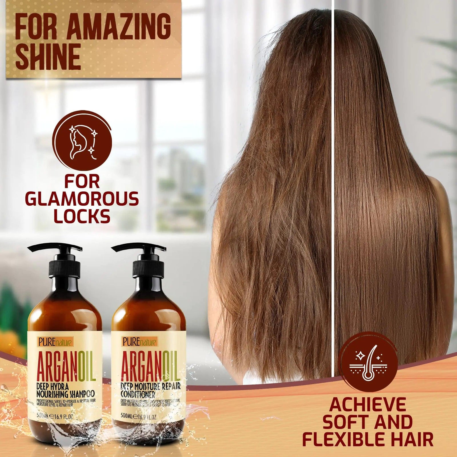 Argan Oil Shampoo and Conditioner Set - Sulfate Free Moroccan Care with Keratin - For Curly, Straight, Dry and Damaged Hair - Moisturizing, Hydrating, Anti Frizz Salon Technology - Evallys.com