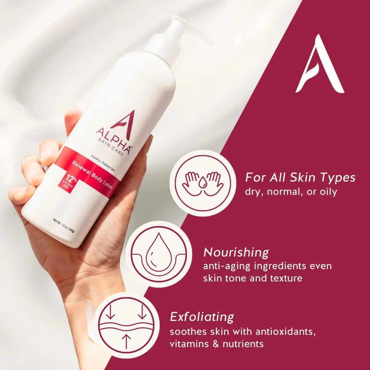 Alpha Skin Care Revitalizing Body Lotion with 12% Glycolic AHA, Simple and Effective Multi-Purpose Daily Moisturizer Hydrates and Exfoliates with Anti-Aging, 12 Oz 12 Fl Oz (Pack of 1) - Evallys.com