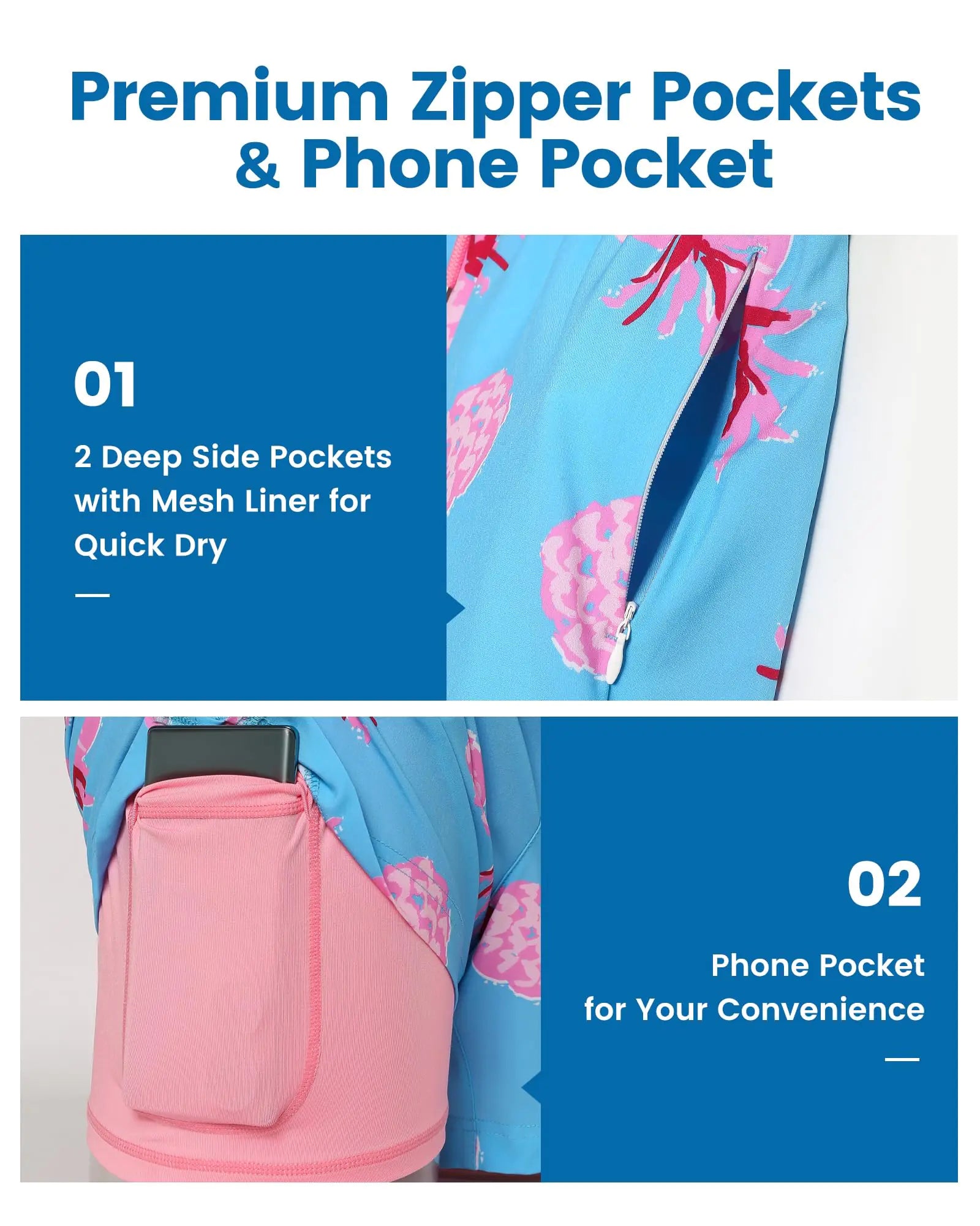 maamgic Mens Swim Trunks with Compression Liner 5" Stretch Beach Shorts Quick Dry with Zipper Pockets No-Chafing Board Shorts Blue-pink Pineapple Small - Evallys.com